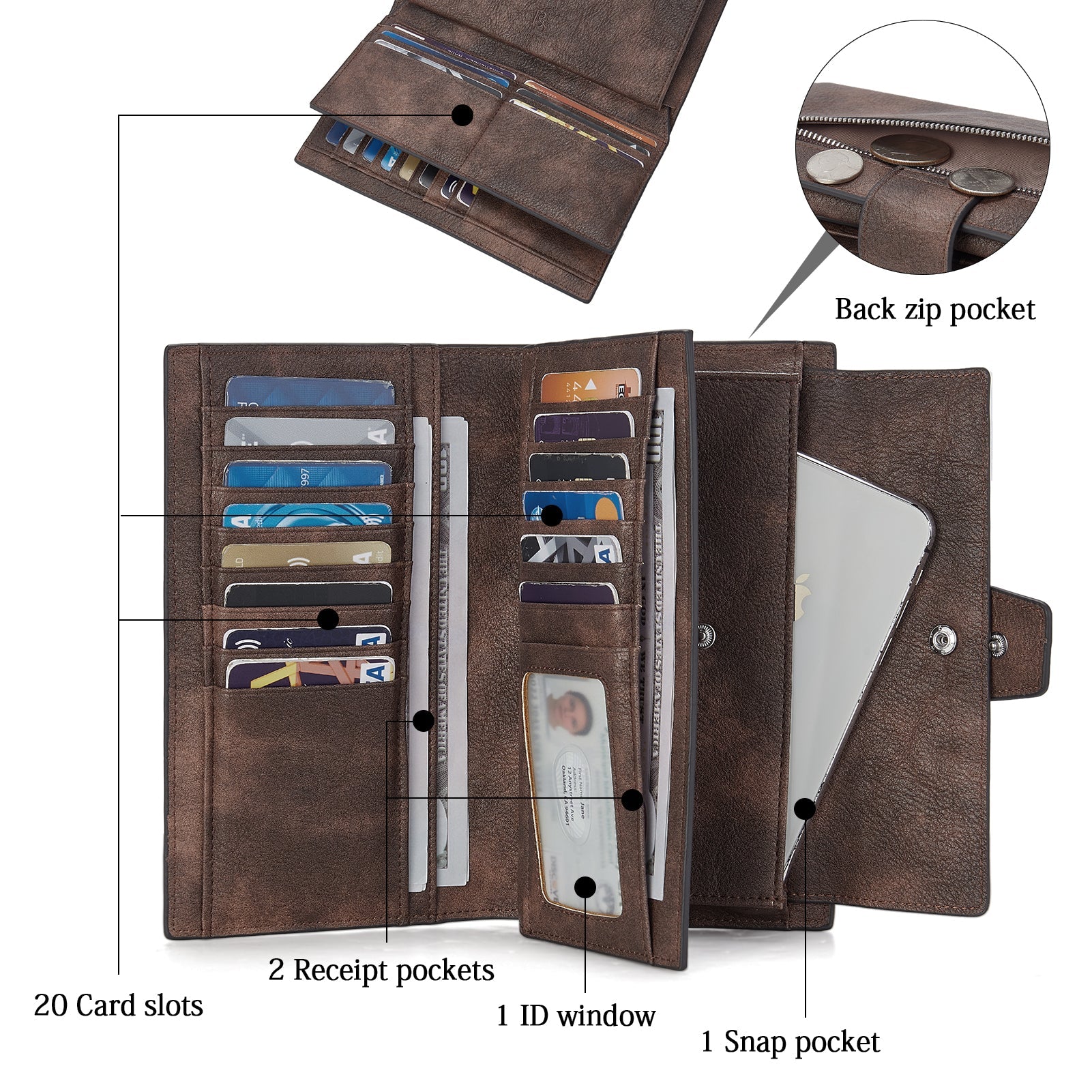 BOSTANTEN Womens Wallet Leather Wallets Large Capacity Cash Cluth Purses Coffee Rough Grain