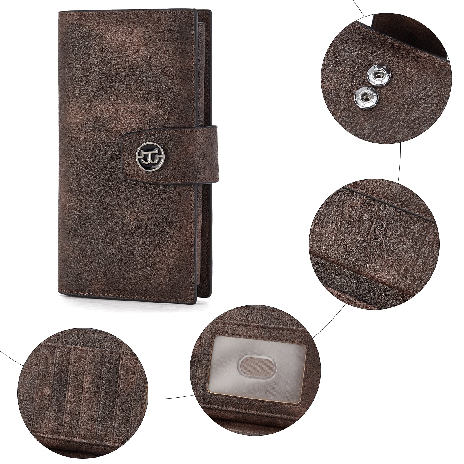 BOSTANTEN Womens Wallet Leather Wallets Large Capacity Cash Cluth Purses Coffee Rough Grain