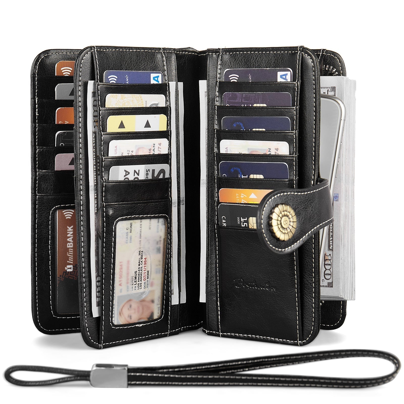 Lomy Leather Wallet For Women With Wristlet - Black