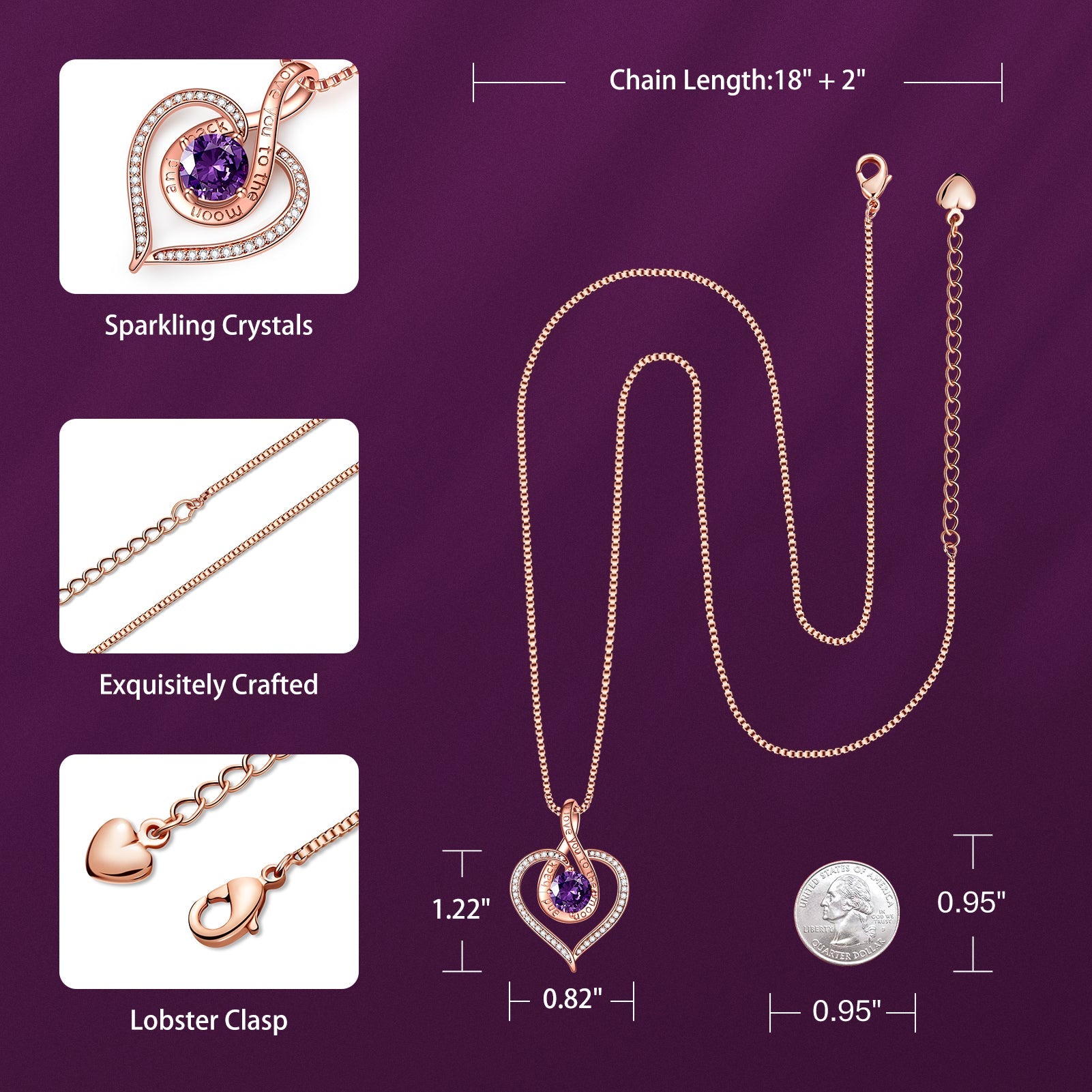 BOSTANTEN Love Heart Pendant Necklaces for Women Silver Rose Gold Tone Crystal Birthstone Birthday Jewelry Gifts for Women, 18"+2"