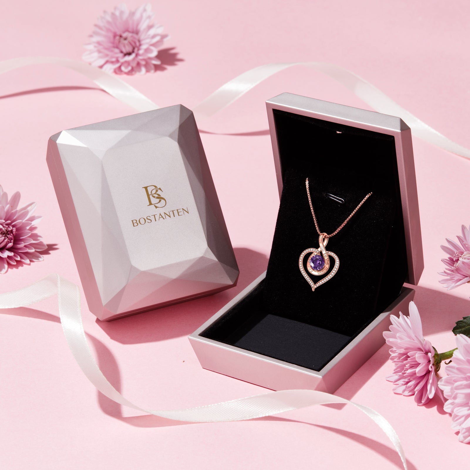 BOSTANTEN Love Heart Pendant Necklaces for Women Silver Rose Gold Tone Crystal Birthstone Birthday Jewelry Gifts for Women, 18"+2"