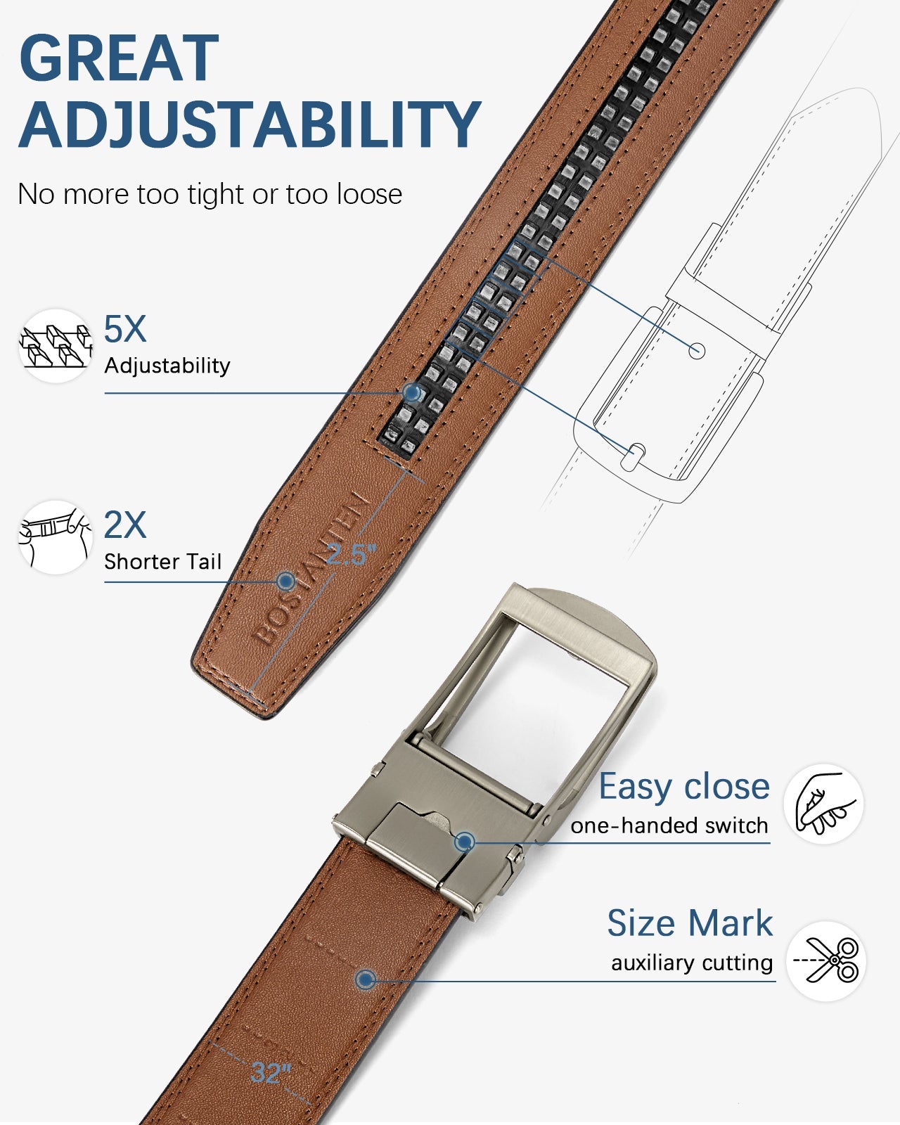 BOSTANTEN Ratchet Leather Belt For Men with Adjustable Buckle, Trim to Fit —Skeleton