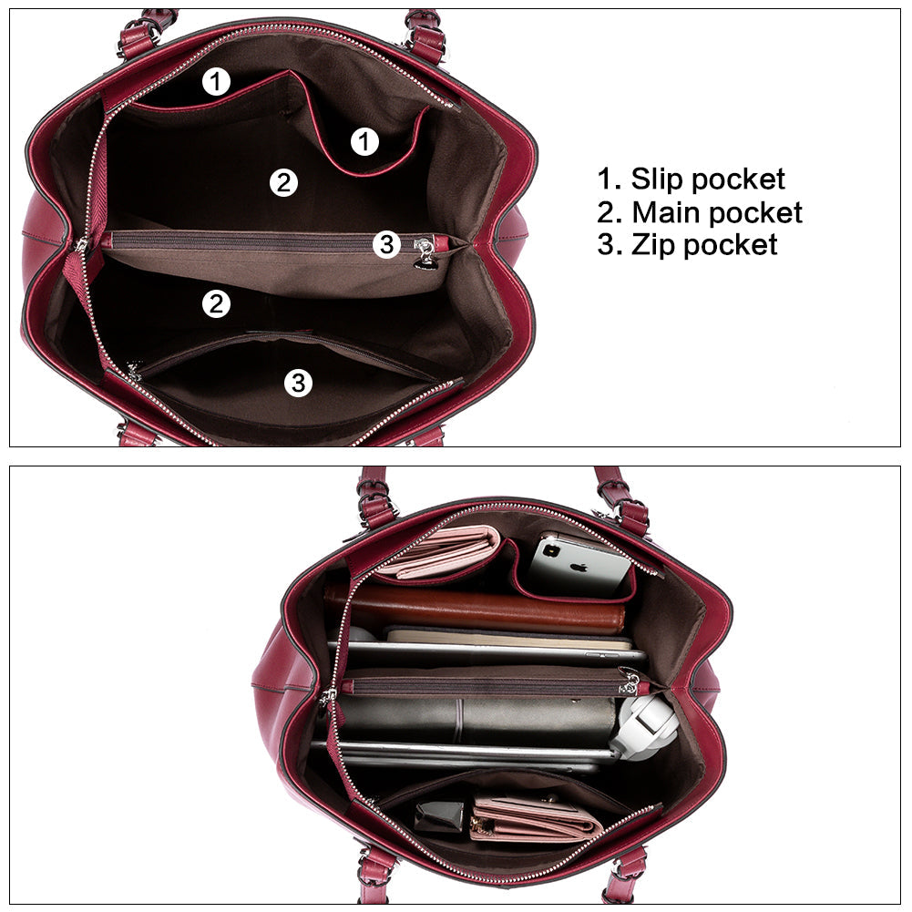 Nevin Structured Leather Shoulder Tote Bag - Front Zipper Pocket