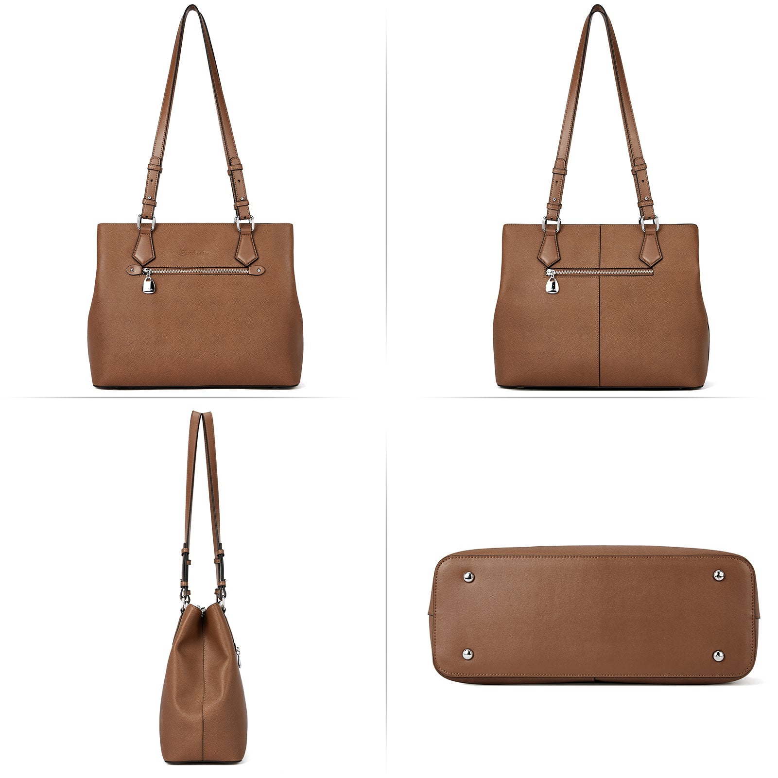 Nevin Structured Leather Shoulder Tote Bag - Front Zipper Pocket