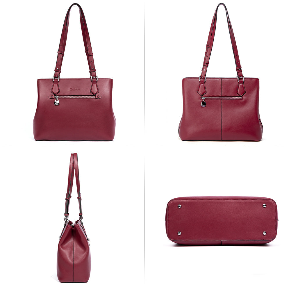 Nevin Structured Leather Shoulder Tote Bag - Front Zipper Pocket