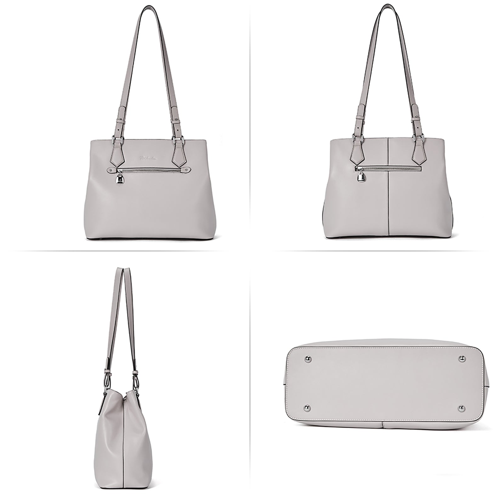 Nevin Structured Leather Shoulder Tote Bag - Front Zipper Pocket