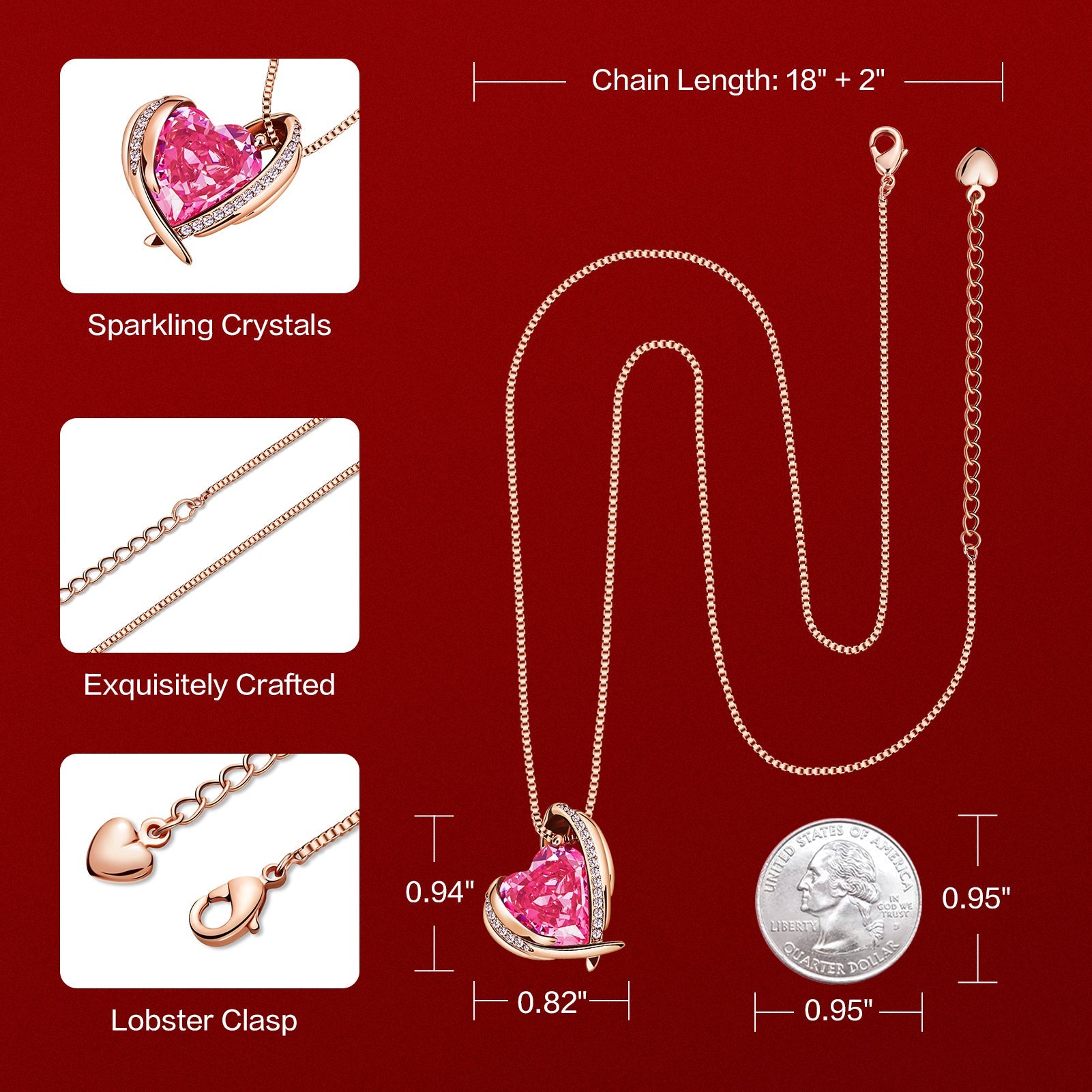 BOSTANTEN Rose Gold Plated Pendant Necklace with Birthstone Love Heart Crystal Jewelry Birthday Gifts for Women Mom Wife Girlfriend, 18"+2"