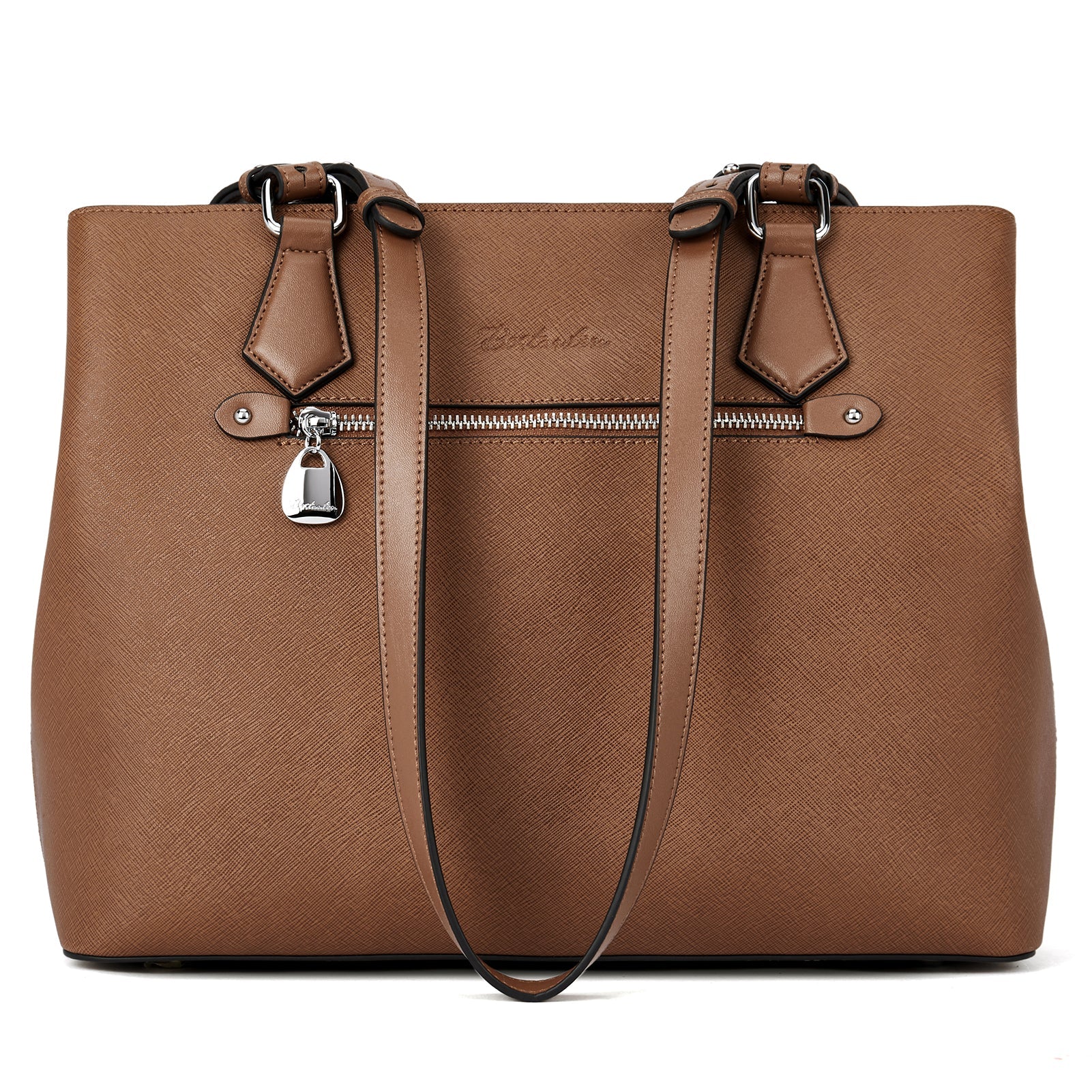 Nevin Structured Leather Shoulder Tote Bag - Front Zipper Pocket