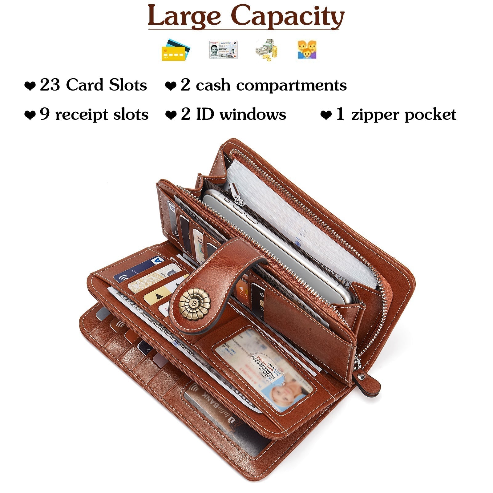 Lomy Leather Wallet For Women With Wristlet - Brown