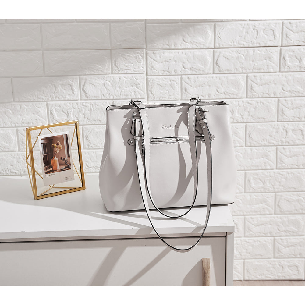 Nevin Structured Leather Shoulder Tote Bag - Front Zipper Pocket