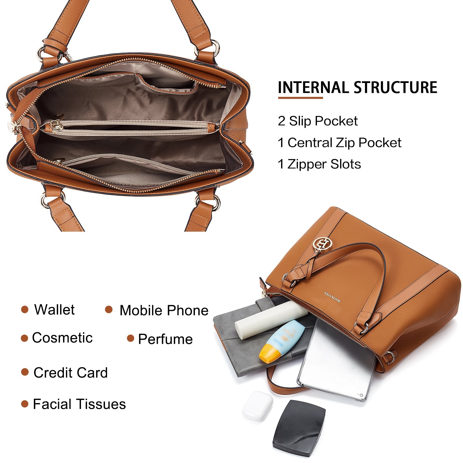 BOSTANTEN Leather Handbags for Women Designer Satchel Purses Top Handle Shoulder Crossbody Bag with Triple Compartment