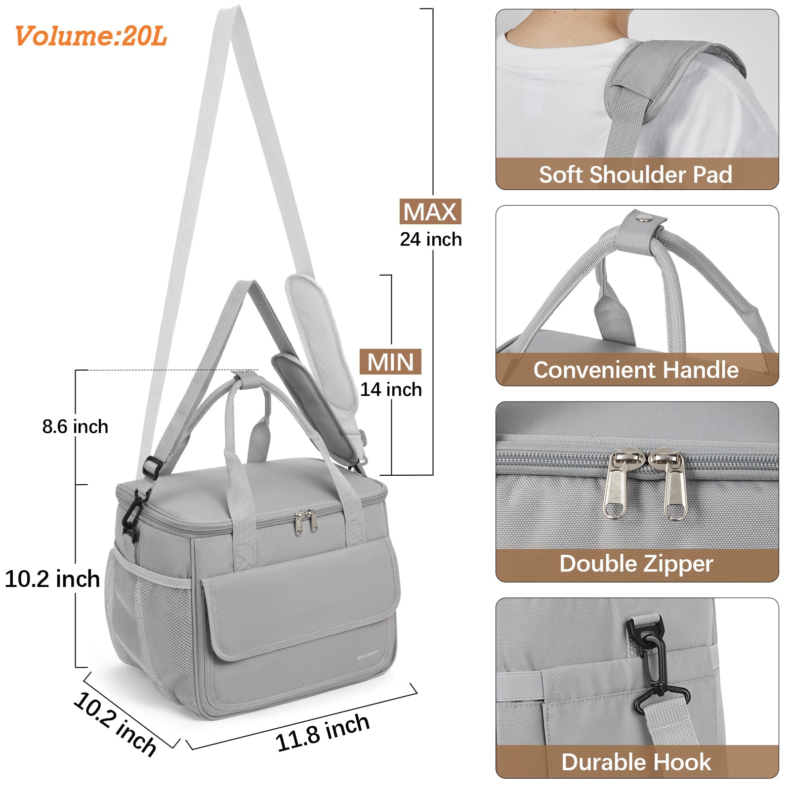 Cooler Bag, 30 Cans 20L Collapsible Soft Cooler Bag, Leakproof Beach Cooler Bag Portable Ice Chest with Bottle Opener, Insulated Lunch Bag for Picnic, Beach, Camping, Travel, Work, Grey