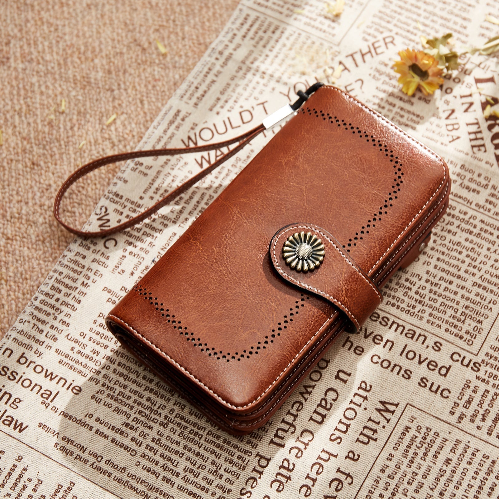 Lomy Leather Wallet For Women With Wristlet - Brown