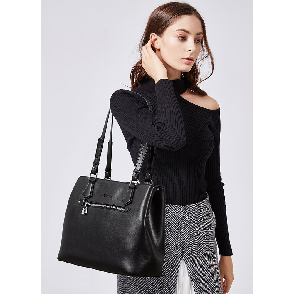 Nevin Structured Leather Shoulder Tote Bag - Front Zipper Pocket