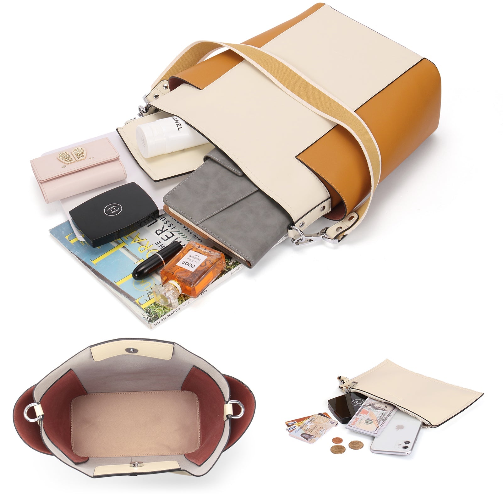 Lotty Functional and Fashionable Buttery Soft Leather Hobo Bag - Beige with Yellow