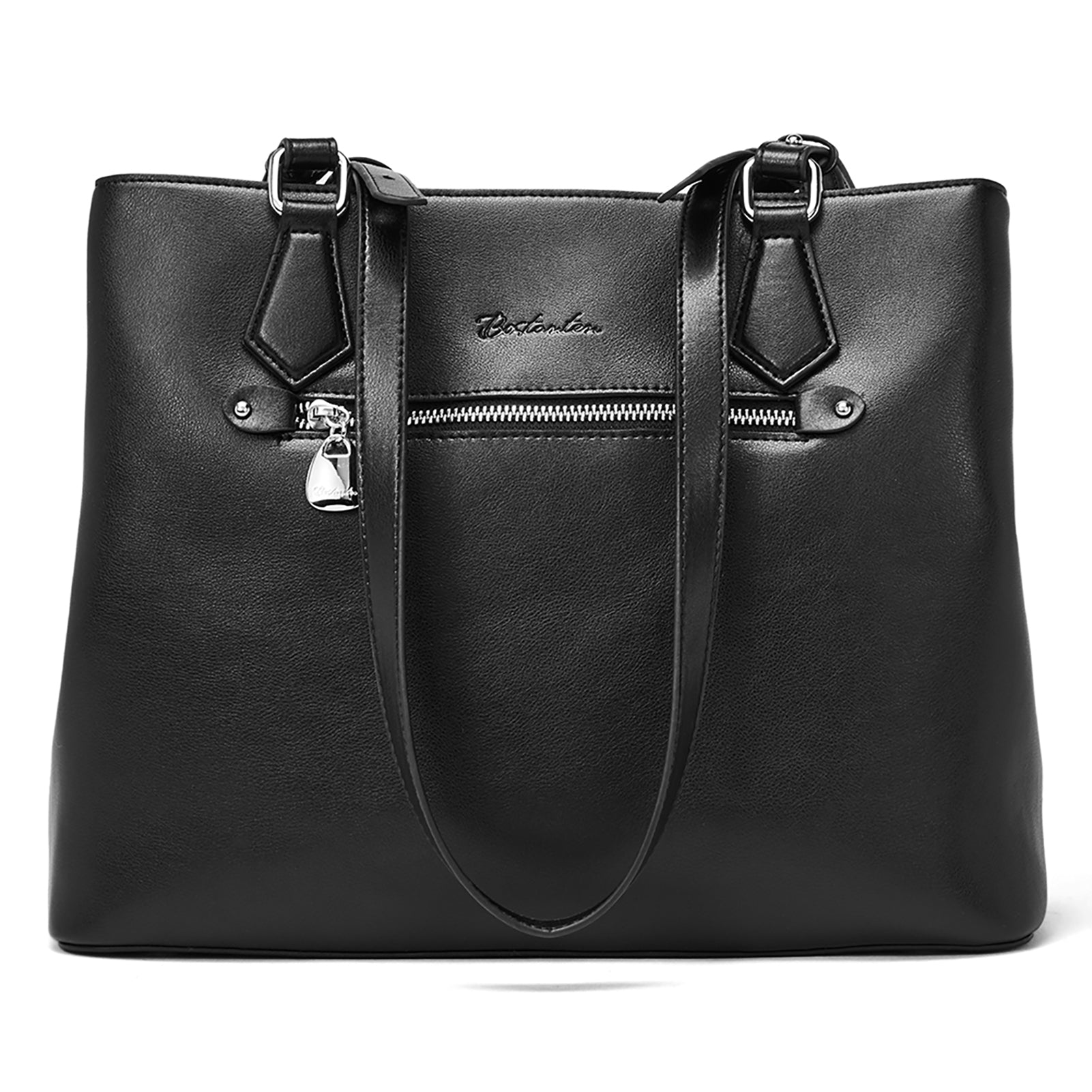 Nevin Structured Leather Shoulder Tote Bag - Front Zipper Pocket