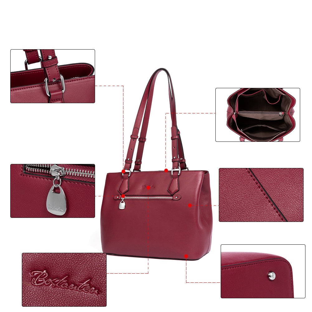 Nevin Structured Leather Shoulder Tote Bag - Front Zipper Pocket