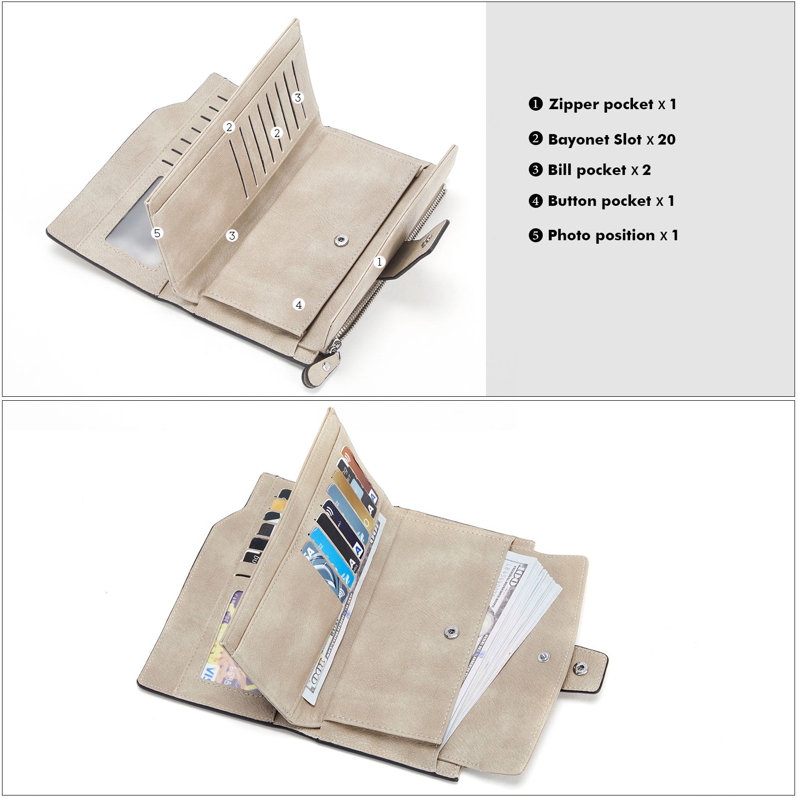 BOSTANTEN Womens Wallet Leather Wallets Large Capacity Cash Cluth Purses Coffee Rough Grain