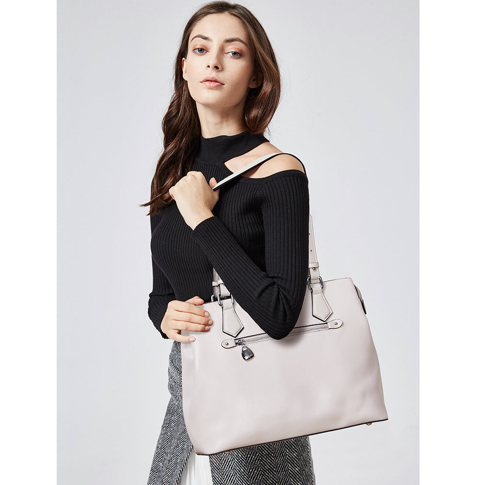 Nevin Structured Leather Shoulder Tote Bag - Front Zipper Pocket
