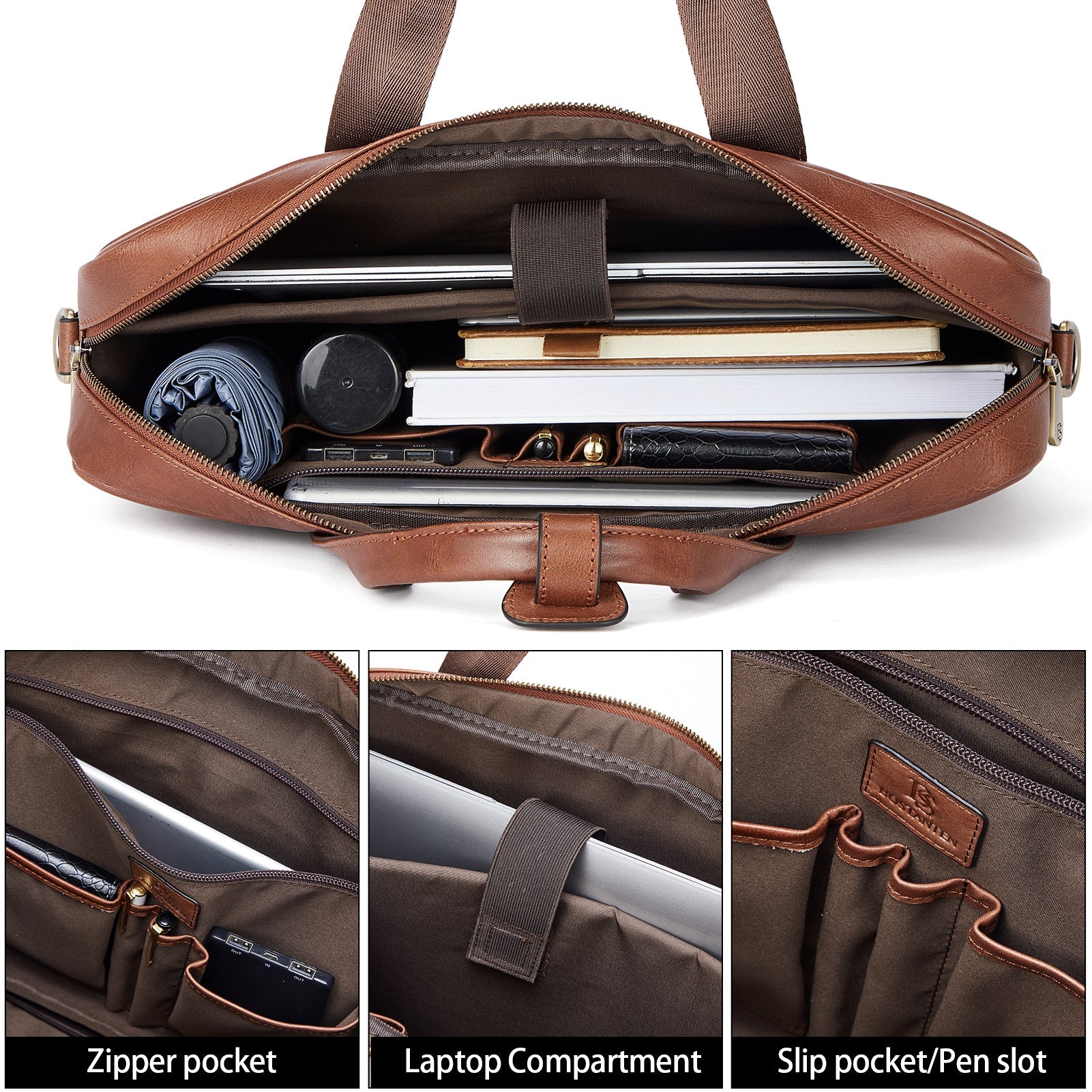 Soft Leather Briefcase with Shoulder Strap for 15.6 inch Laptop - Perfect for Men