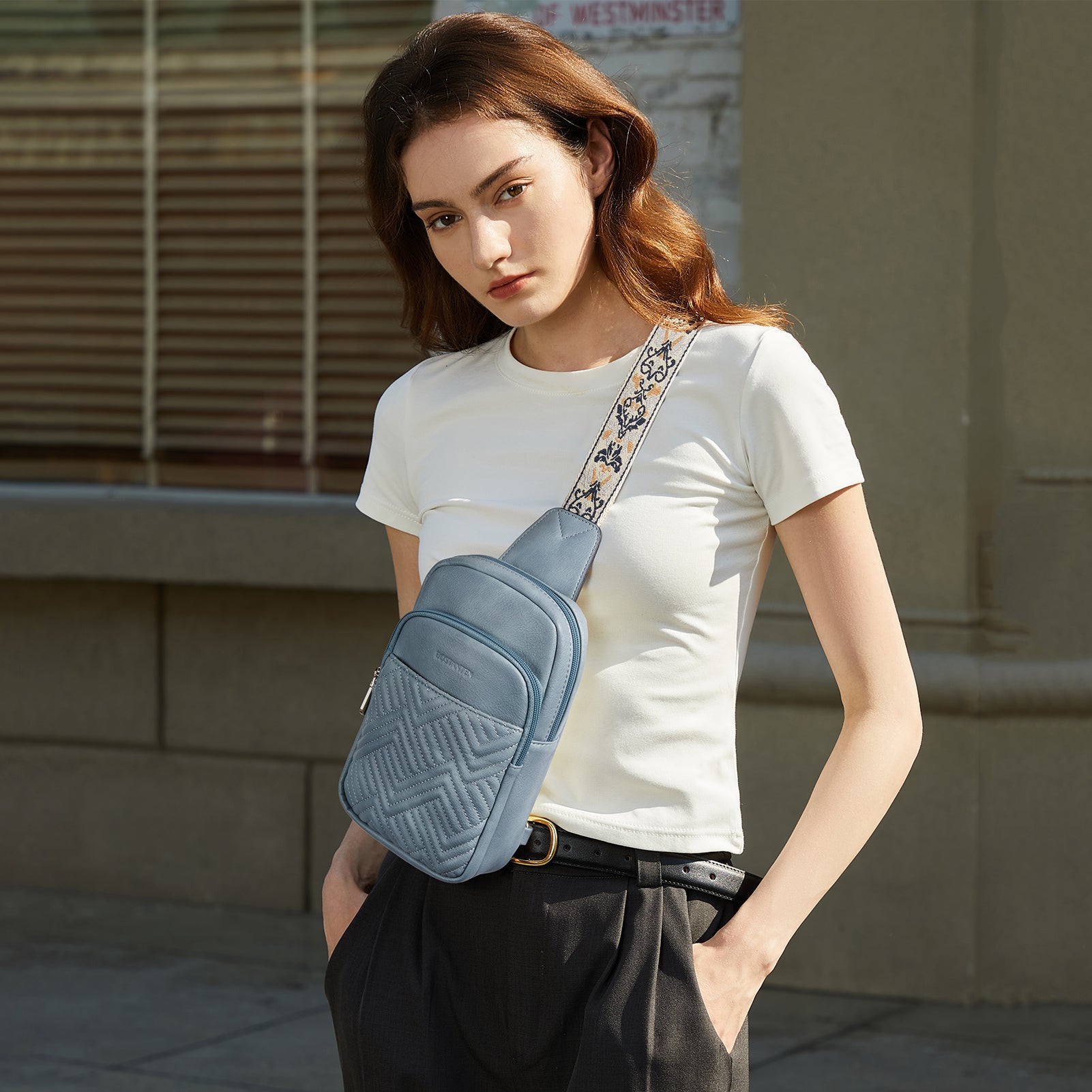Aurora Chevron Quilted Embroidered Strap Sling Bag