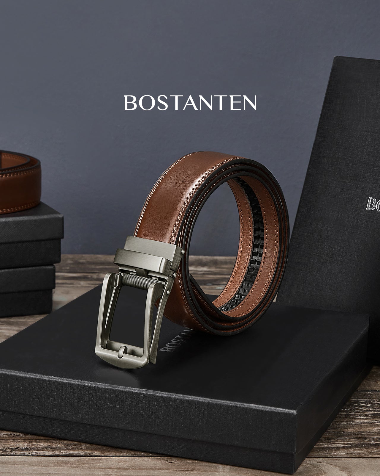 BOSTANTEN Ratchet Leather Belt For Men with Adjustable Buckle, Trim to Fit —Skeleton