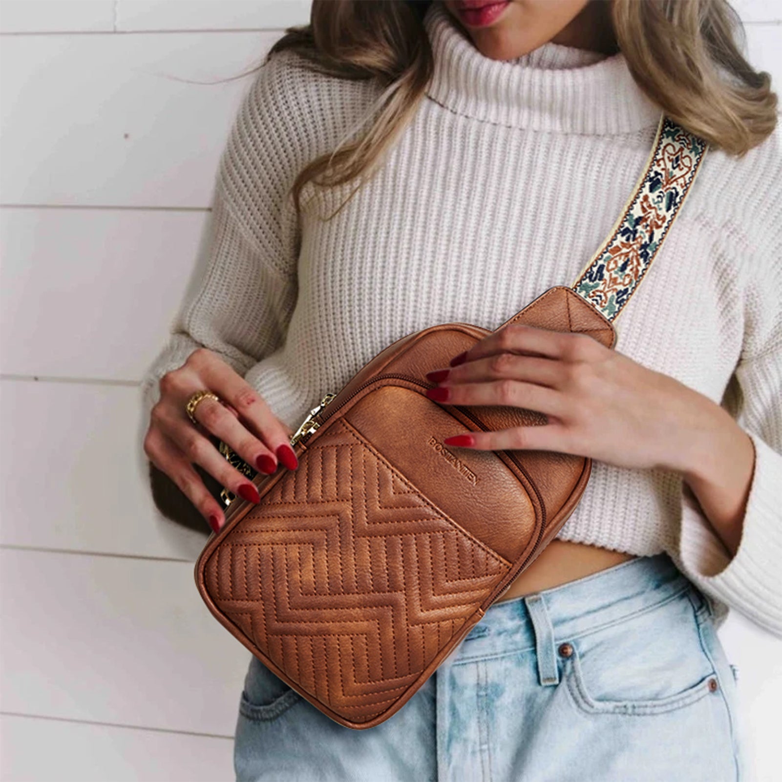 Aurora Chevron Quilted Embroidered Strap Sling Bag