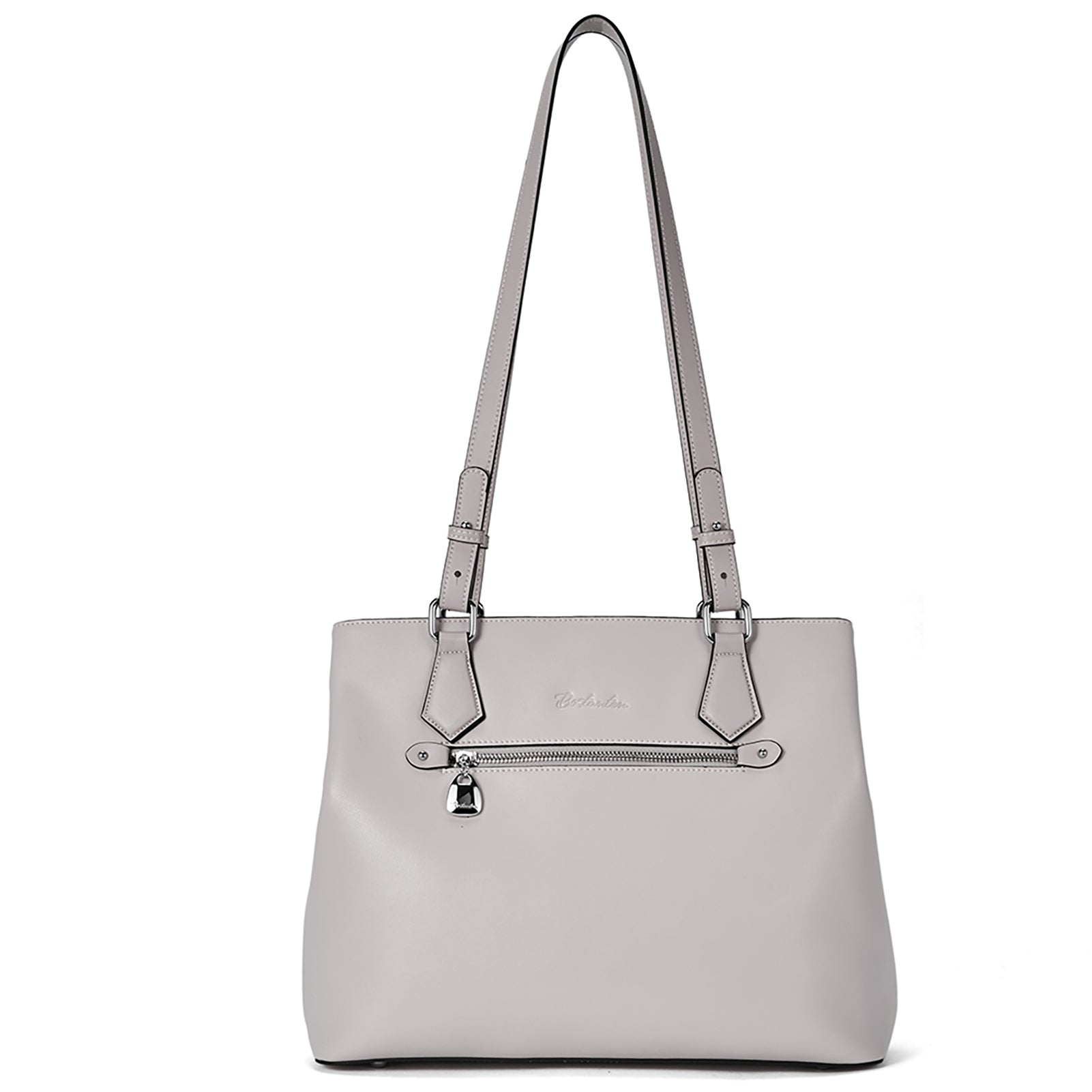 Nevin Structured Leather Shoulder Tote Bag - Front Zipper Pocket