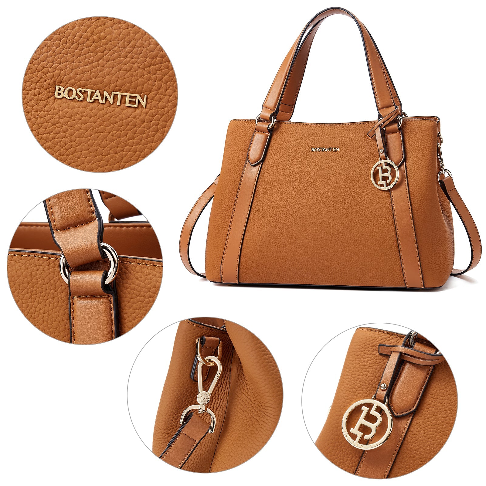 BOSTANTEN Leather Handbags for Women Designer Satchel Purses Top Handle Shoulder Crossbody Bag with Triple Compartment