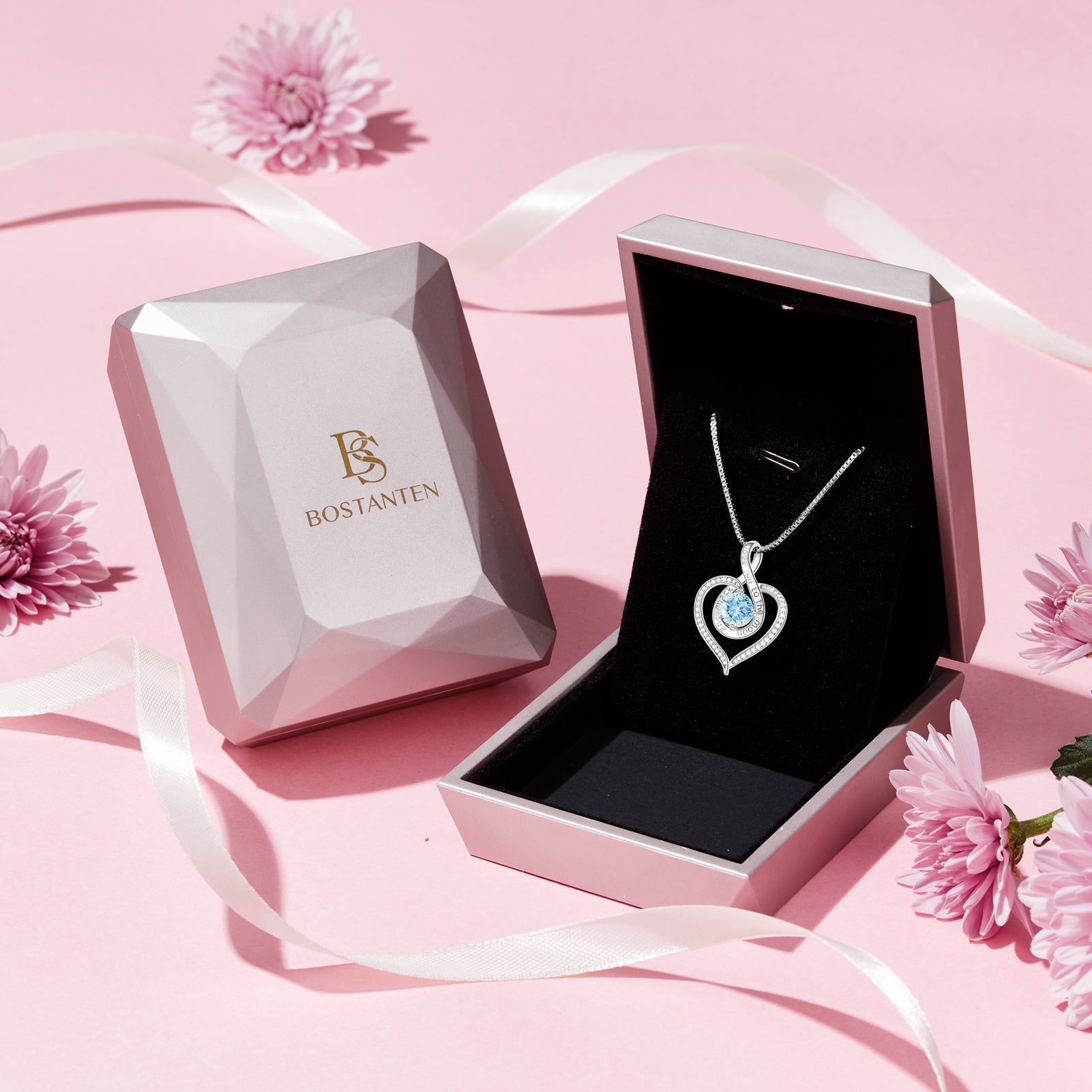 BOSTANTEN Love Heart Pendant Necklaces for Women Silver Rose Gold Tone Crystal Birthstone Birthday Jewelry Gifts for Women, 18"+2"