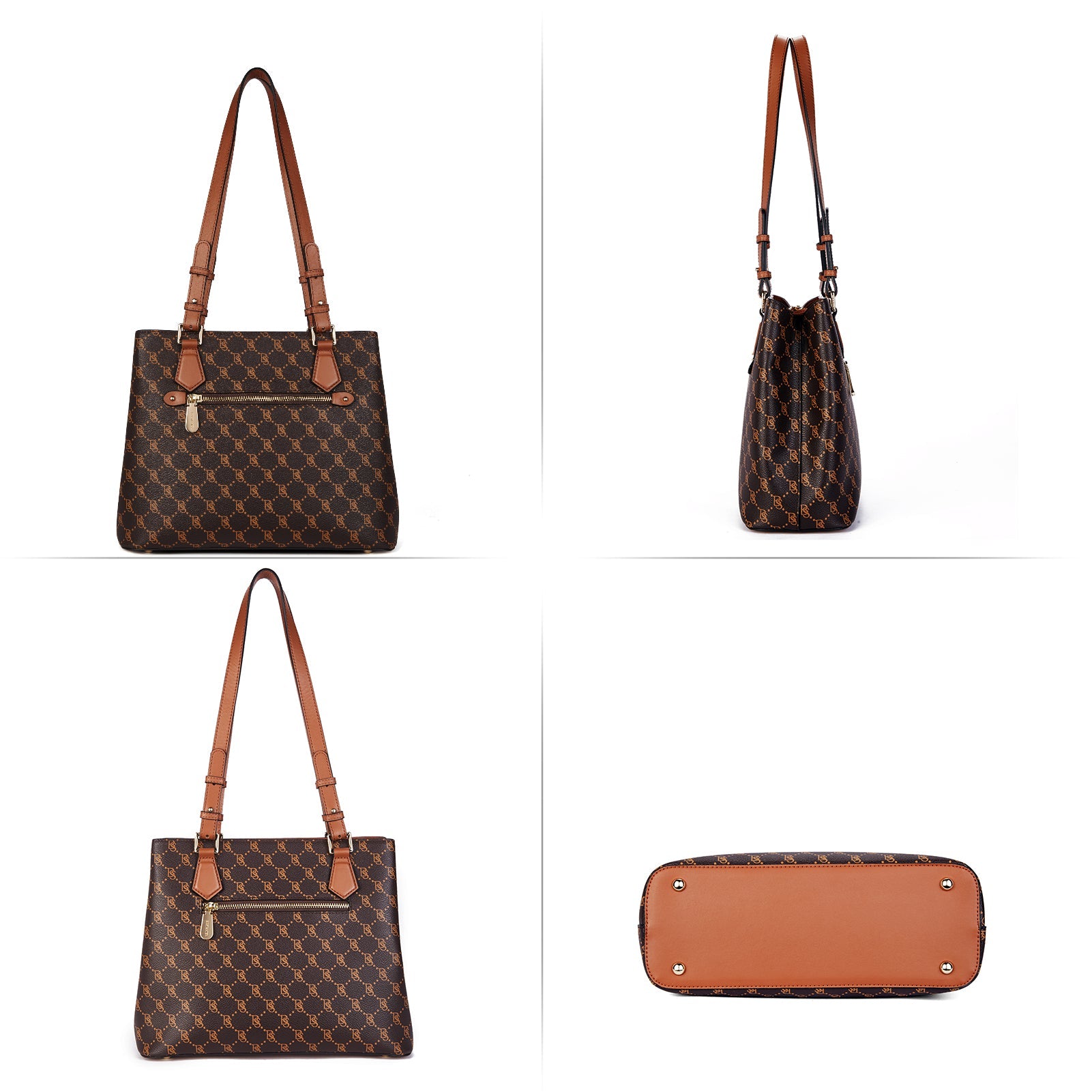 Nevin Structured Leather Shoulder Tote Bag - Front Zipper Pocket