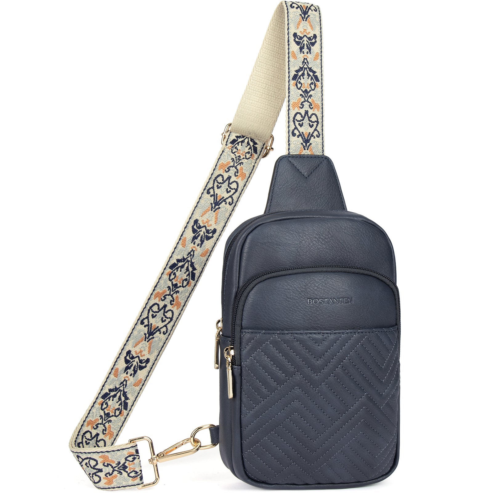 Aurora Chevron Quilted Embroidered Strap Sling Bag