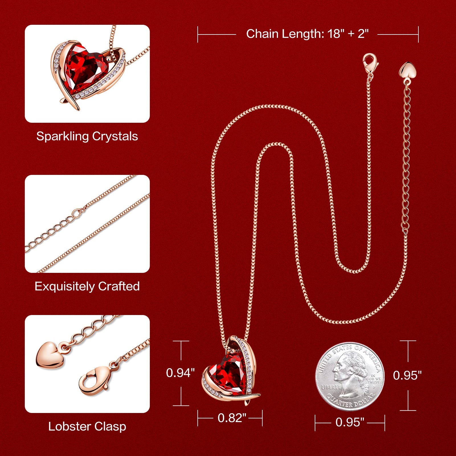 BOSTANTEN Rose Gold Plated Pendant Necklace with Birthstone Love Heart Crystal Jewelry Birthday Gifts for Women Mom Wife Girlfriend, 18"+2"