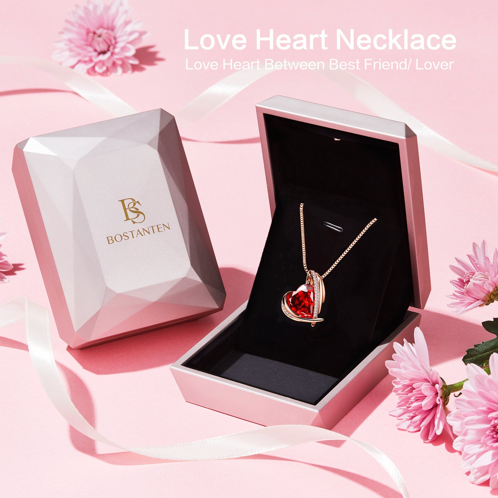 BOSTANTEN Rose Gold Plated Pendant Necklace with Birthstone Love Heart Crystal Jewelry Birthday Gifts for Women Mom Wife Girlfriend, 18"+2"