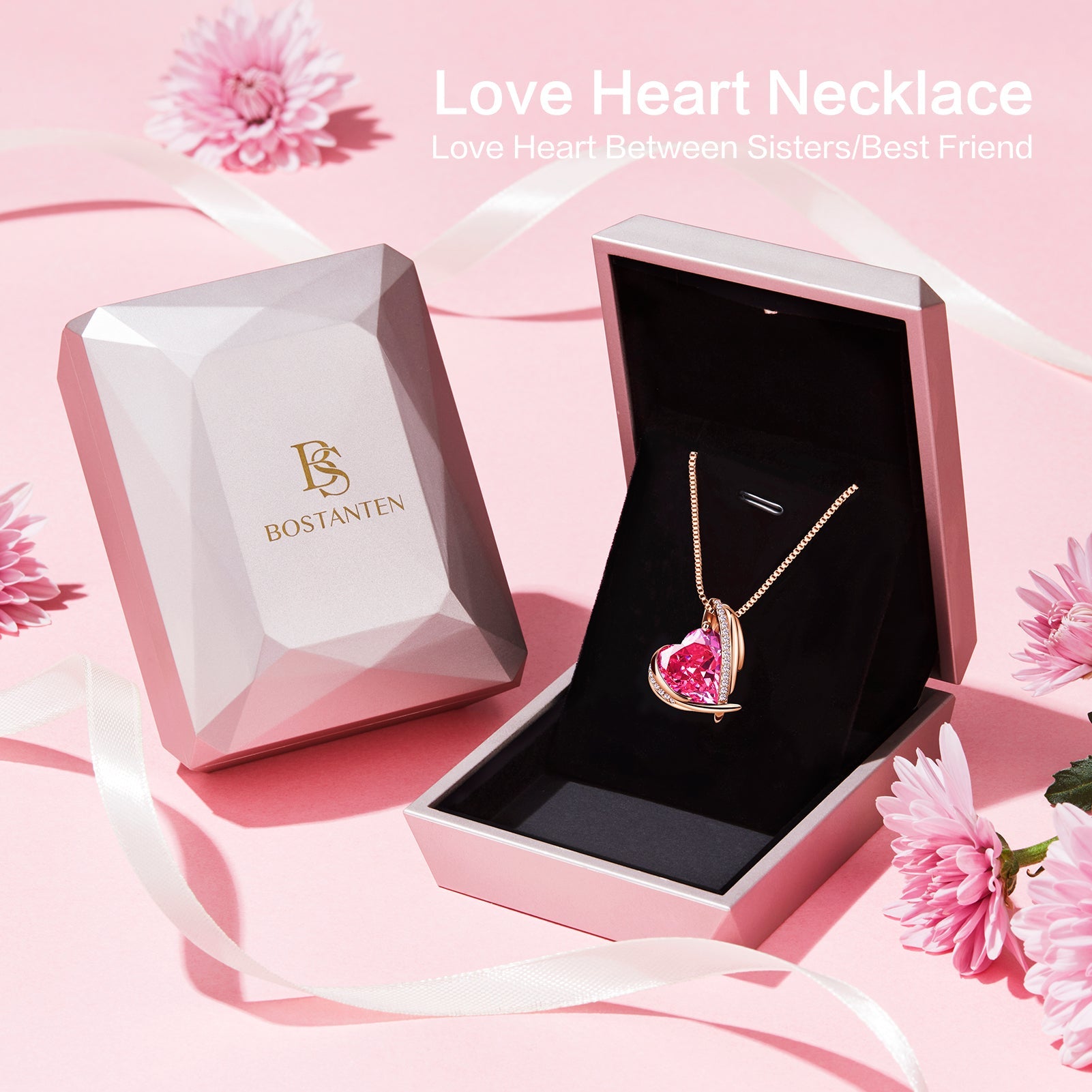 BOSTANTEN Rose Gold Plated Pendant Necklace with Birthstone Love Heart Crystal Jewelry Birthday Gifts for Women Mom Wife Girlfriend, 18"+2"