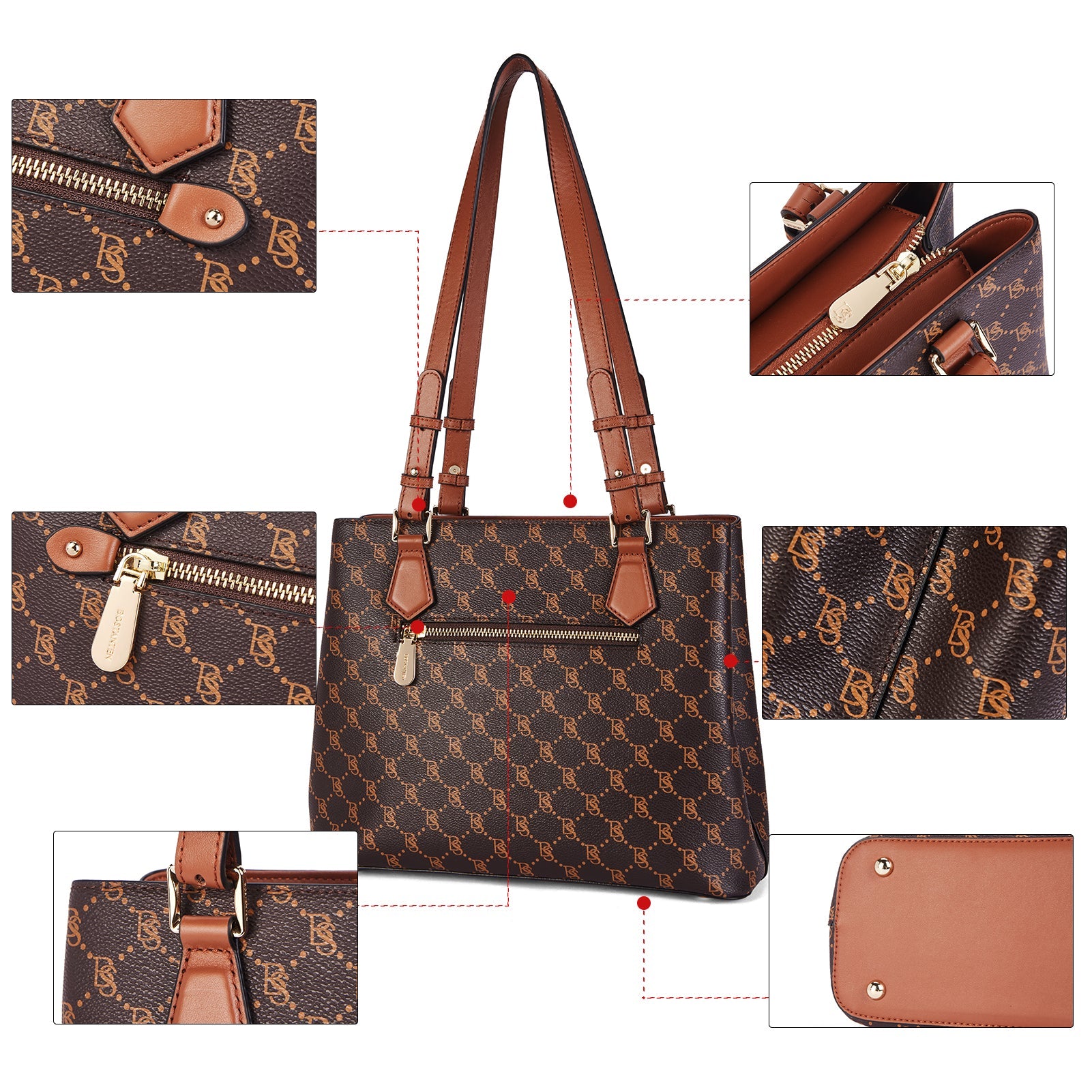 Nevin Structured Leather Shoulder Tote Bag - Front Zipper Pocket