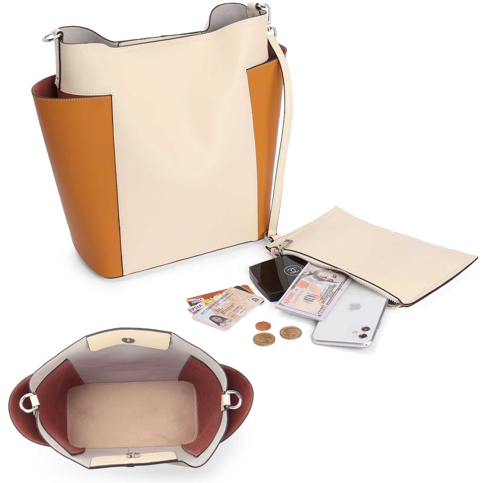 Lotty Functional and Fashionable Buttery Soft Leather Hobo Bag - Beige with Yellow