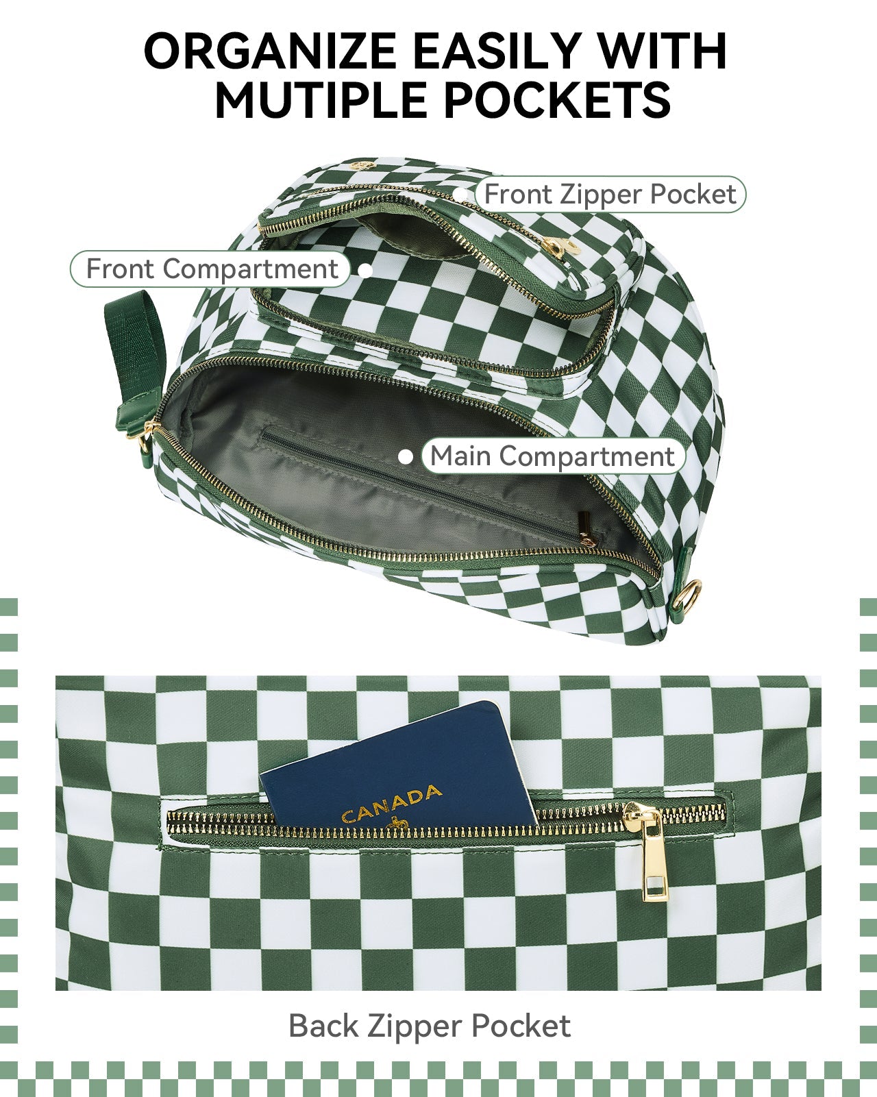 NOVA Checkered Leather Bum & Crossbody Bag – RFID Protected