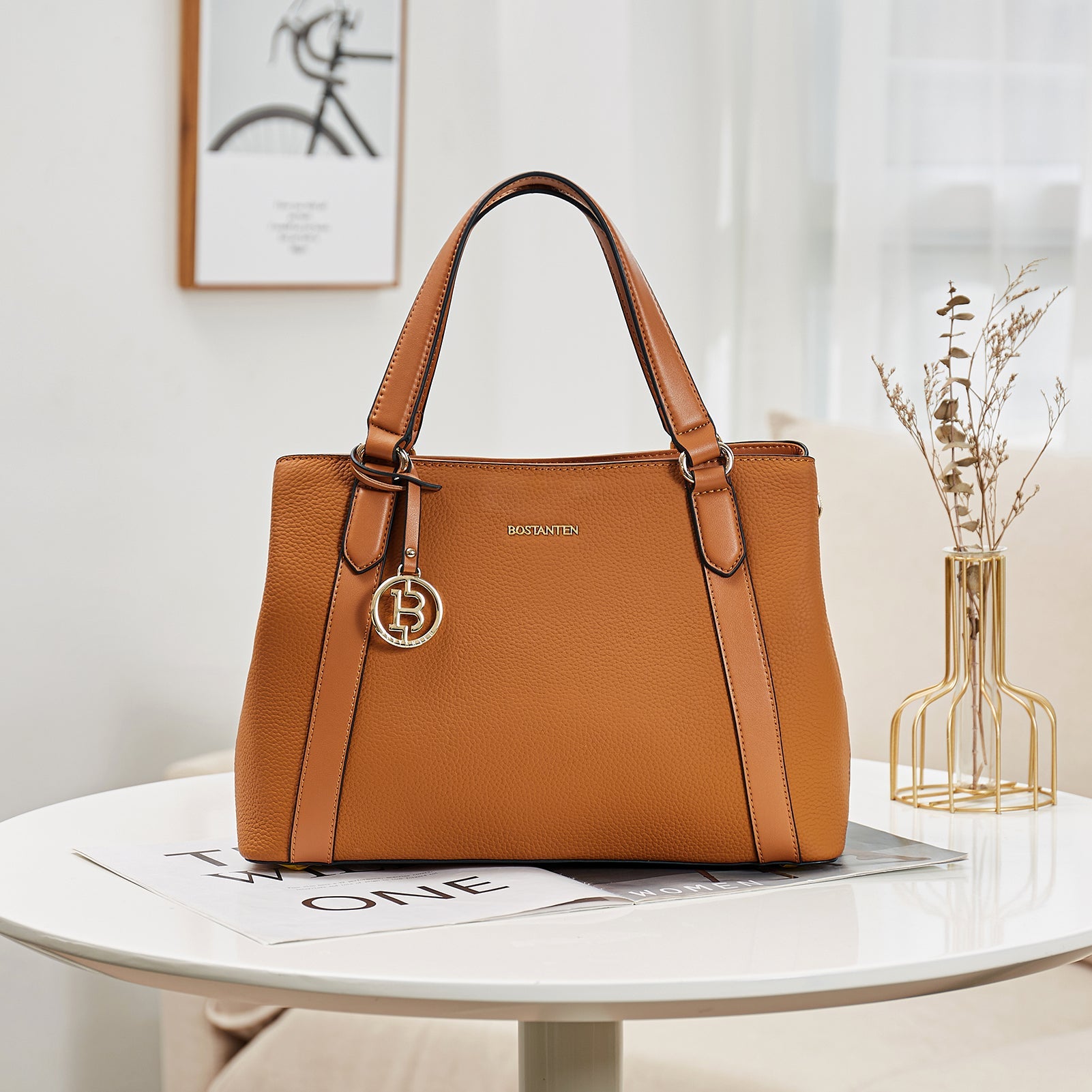 BOSTANTEN Leather Handbags for Women Designer Satchel Purses Top Handle Shoulder Crossbody Bag with Triple Compartment
