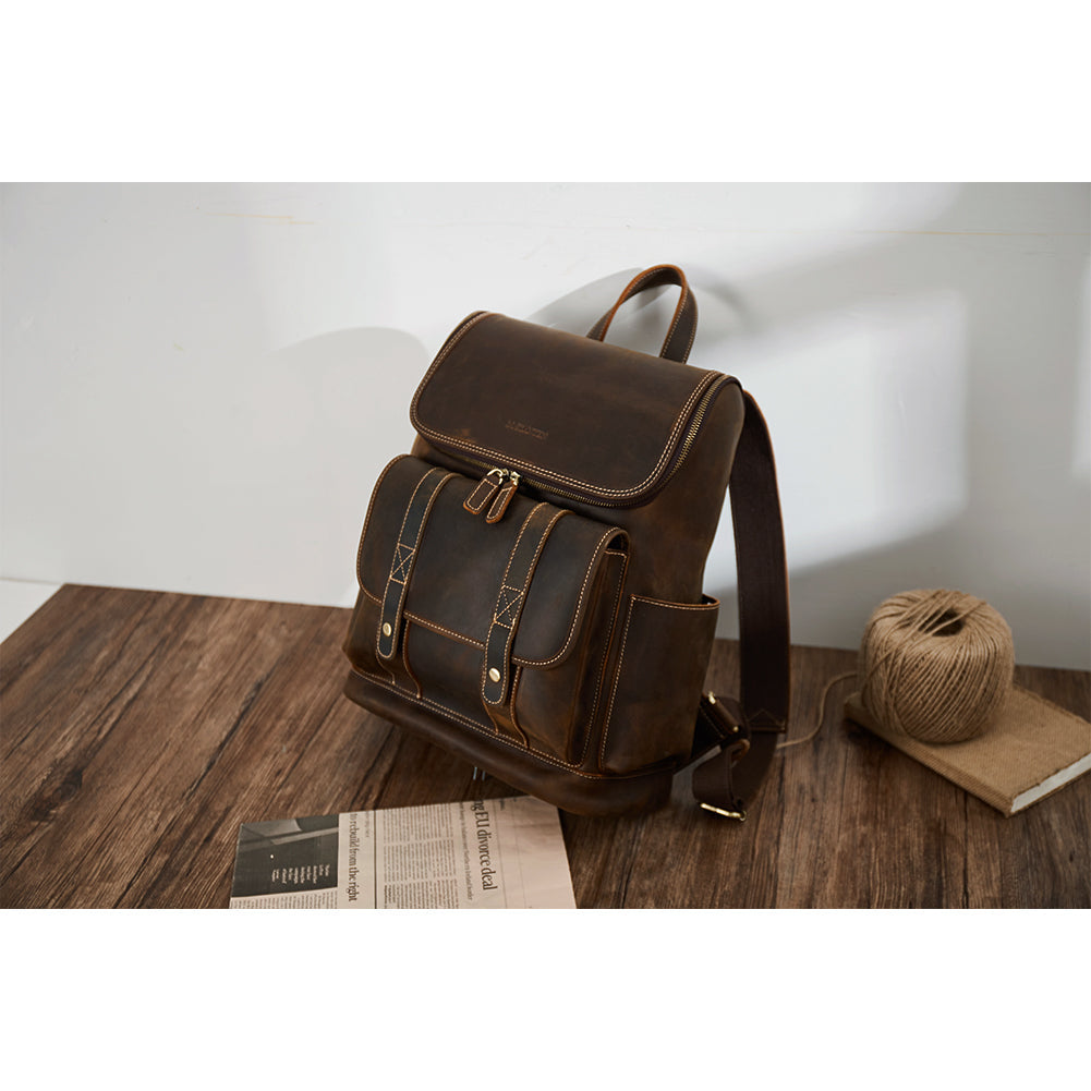 Vintage Laptop Backpack 15.6'' - Handcrafted Crazy Horse Leather