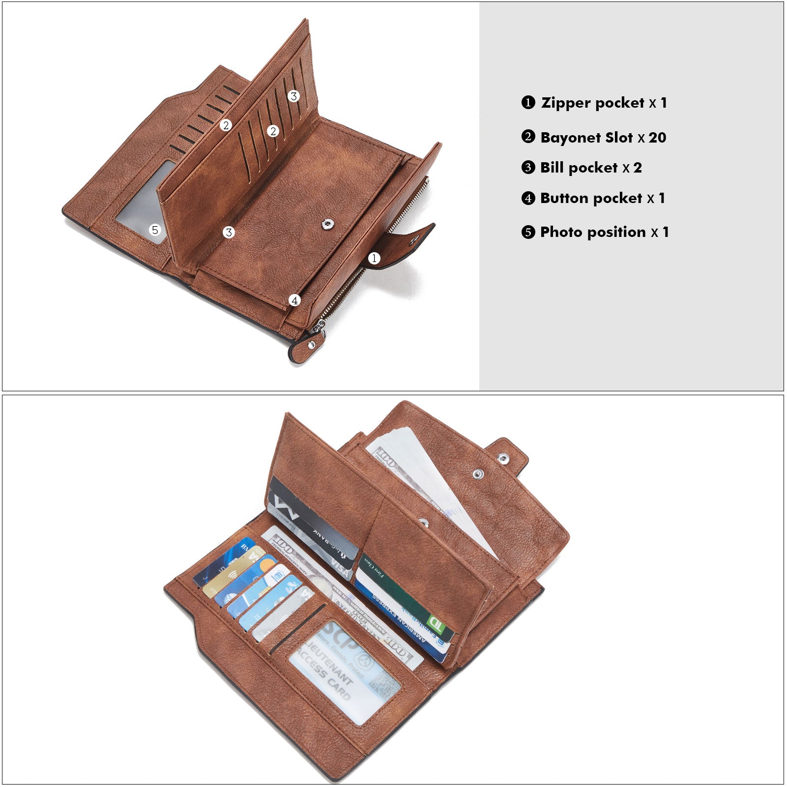 BOSTANTEN Womens Wallet Leather Wallets Large Capacity Cash Cluth Purses Coffee Rough Grain