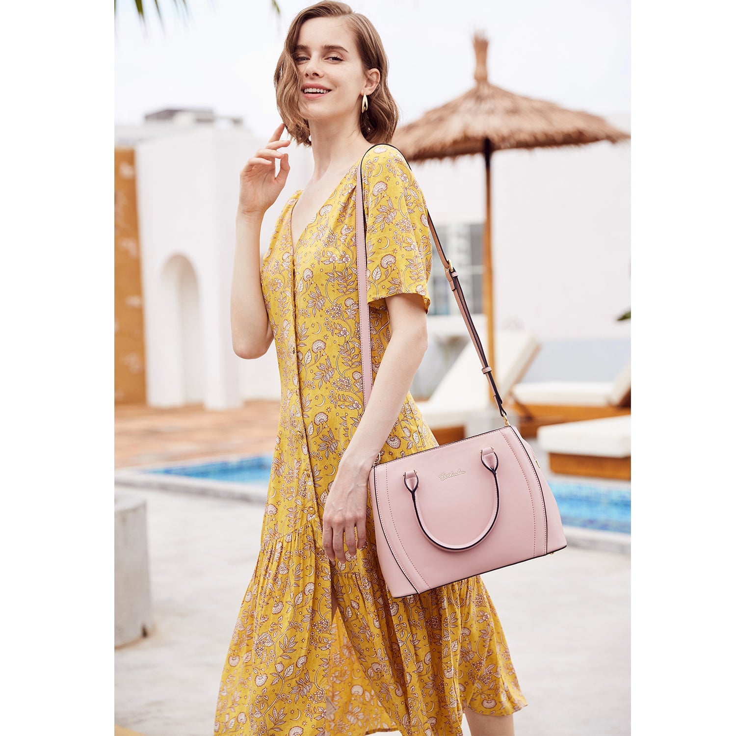 Designer 11'' Leather Satchel With Crossbody Strap-Yellow & Pink